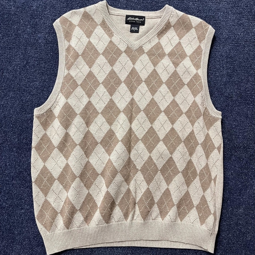 Eddie Bauer Sweater Vest Mens Large Beige Argyle V Neck Cotton Knit Preppy